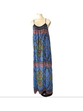 eight Sixty Blue Maxi Dress Beaded Collar Sz S Multicolor Summer Tribal Print